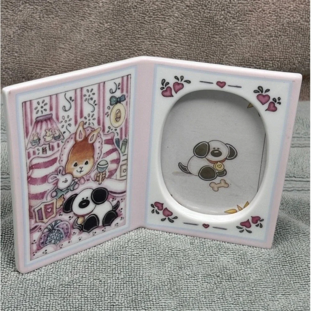 Vintage 1993 Roman Inc Ceramic Folding Picture Frame Bunny‎ Panda Nursery Pink